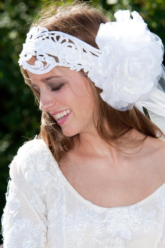 Mariage - Wedding dress perfect headband sash tiara headpeice white pearls seven in flower
