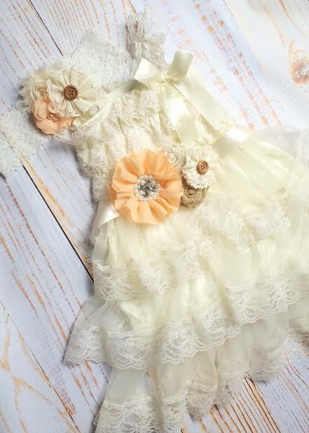 زفاف - Peach Burlap Ivory Lace Petti Dress, Flower Girl Dress, Wedding, Rustic, Beach, Vintage Ivory Lace Toddler Dress
