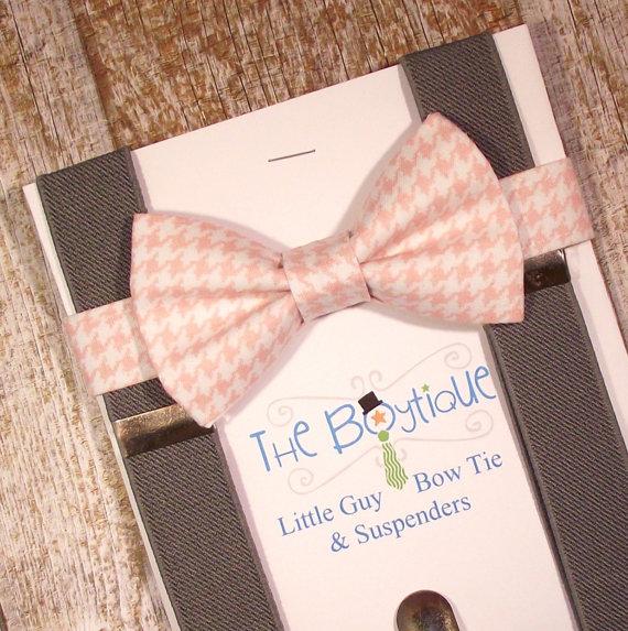 Wedding - Blush Bow Tie and Suspenders, Grey Suspenders and Bow Tie, Toddler Suspenders, Baby, Boys, Kids, Ring Bearer, Pale Pink, Houndstooth Pattern