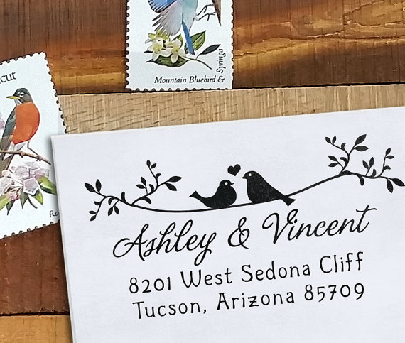 Mariage - Custom Address Stamp - Wedding Stamp - Eco Mount - Twigs Two Birds In Love