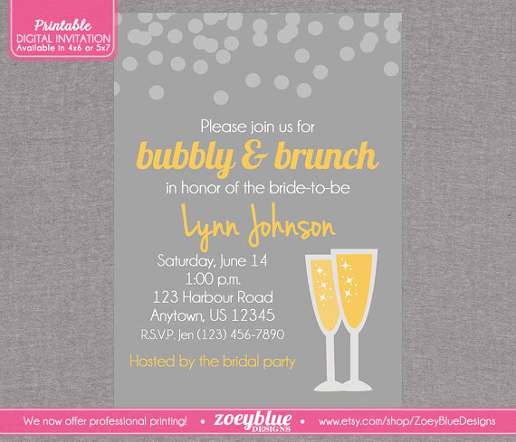 Wedding - Bubbly and Brunch Bridal Shower Invitation Grey and Gold Yellow Bride to be Champagne Invitation- Digital File