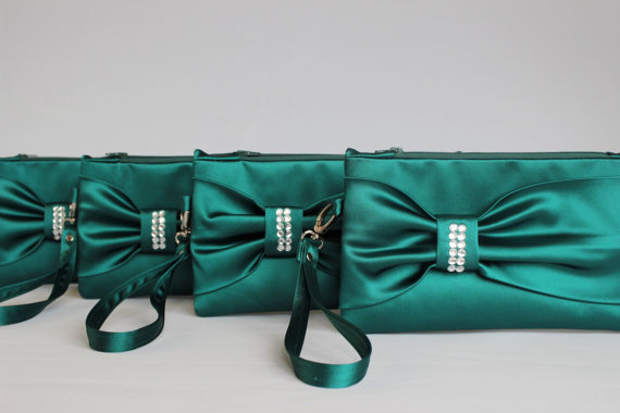 زفاف - Promotional sale   - SET OF 9   -Teal Bow wristelt clutch,bridesmaid gift ,wedding gift ,make up bag,zipper ,royal blue