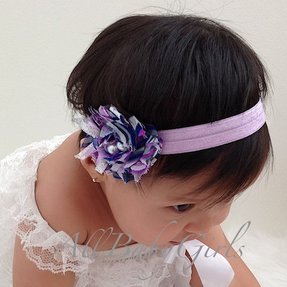 Свадьба - Purple Shabby Chic Flower Headband with Bow and Pearls for Newborns, Infants, Toddlers, & Girls. Newborn Headband, Flower Baby Headband