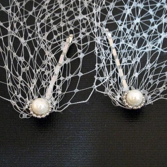 Wedding - Ivory Bandeau Style Veil Bridal Blusher 9 inch French Net ends with two half pearl bobby pins.