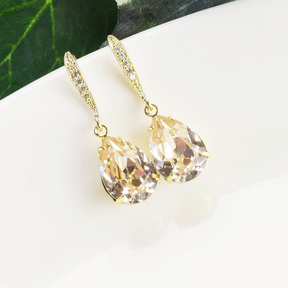 Wedding - Swarovski Teardrop Earrings - Golden Champagne Earrings - Gold Champagne Bridesmaid Earrings - Bridal - Wedding Jewelry - Bridesmaid Jewelry