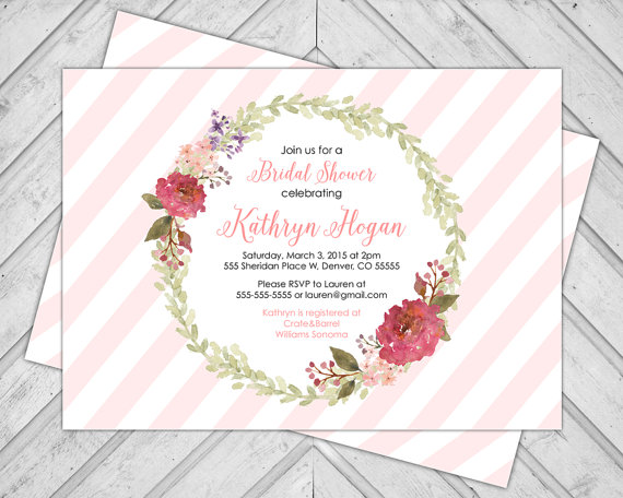 Wedding - DIY blush pink wedding shower invite - watercolor floral wreath invitation bridal shower - diagonal stripes - printable (619)