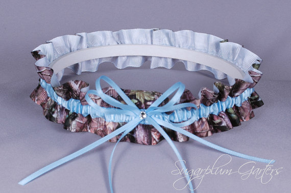 Mariage - Something Blue Wedding Garter in Pale Blue and Realtree Camouflage Grosgrain with Swarovski Crystal - Ready to Ship