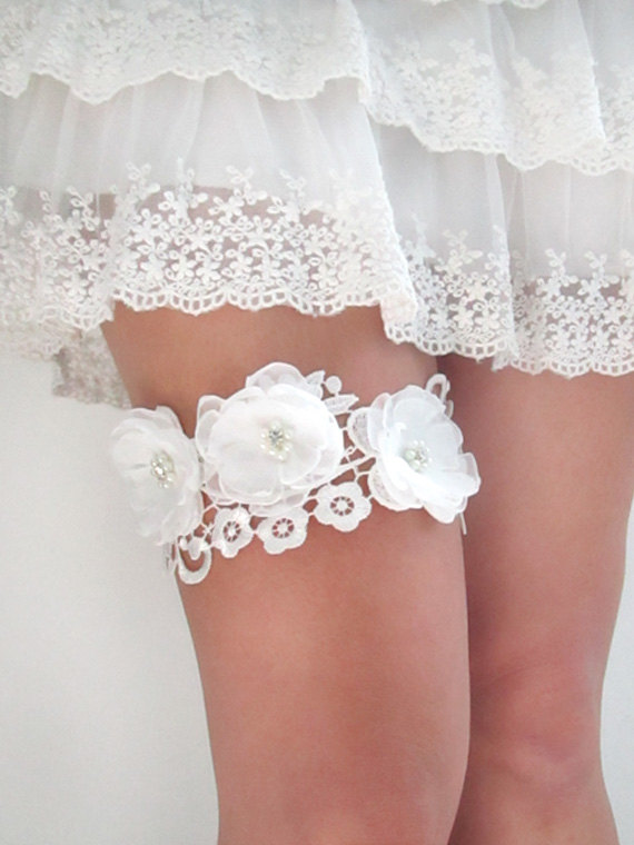 Hochzeit - Wedding Garter / Rhinestone Garter / Crystal Garter /  Garter Belt / Flower Garter : ELOINA Ivory Floral Lace Garter