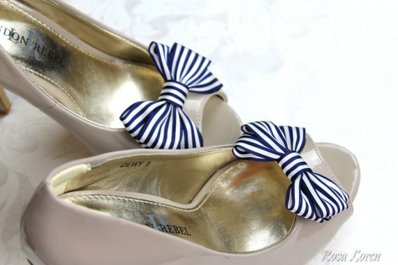 Wedding - Navy Stripe Shoe Clips, Navy & White Striped Bow Shoe Clip, Nautical Clip Shoes, Nautical Wedding Accessories