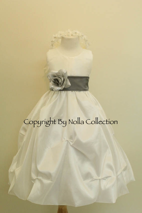 زفاف - Flower Girl Dresses - IVORY with Grey Pick Up Dress (FD0PU1) - Wedding Easter Bridesmaid - For Children Toddler Kids Teen Girls