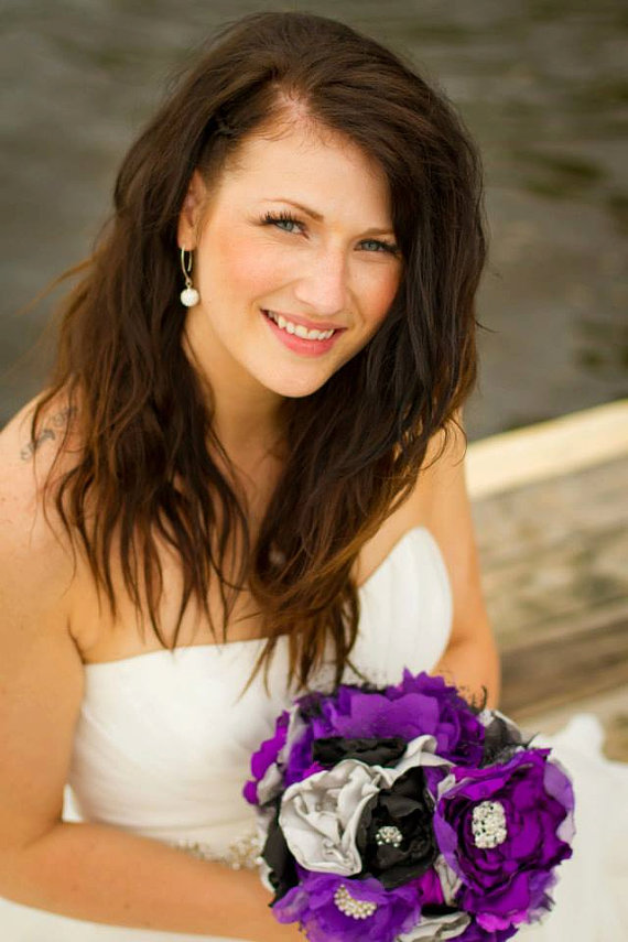 Hochzeit - Romantic satin heirloom brooch wedding bouquet. purple, black and silver.