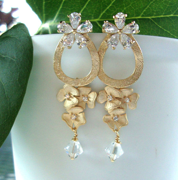 Hochzeit - Wedding jewelry Statement earrings OOAK Floral earrings with Cubic zirconia, gold circle and Swarovski clear glass Bridal jewelry