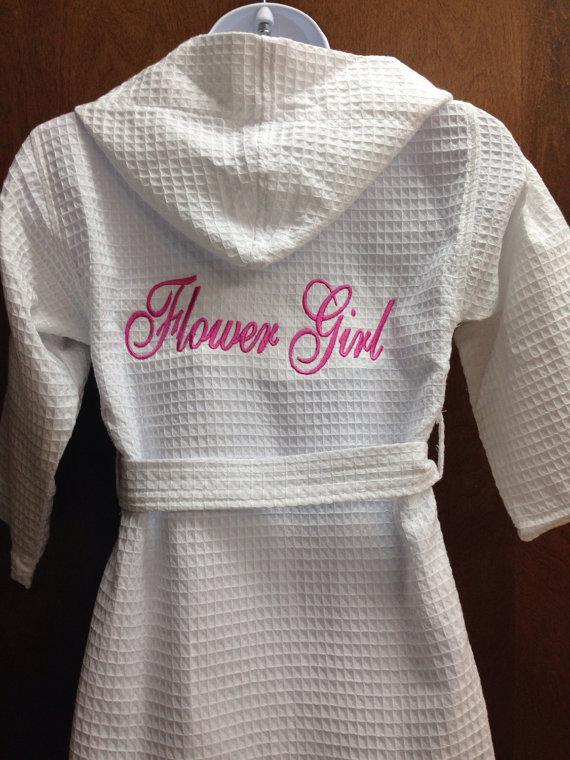 Hochzeit - Personalized Embroidered Flower Girl Robe, Ring Bearer Bathrobe~ Hooded Robe Waffle Weave,