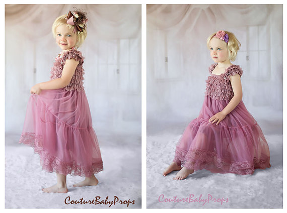 Свадьба - Vintage Pink Lace Girls DRESS, Ruffle dress, flower girl dress, birthday dress, baby dress, dusty rose dress, MATCHING Accessories in store