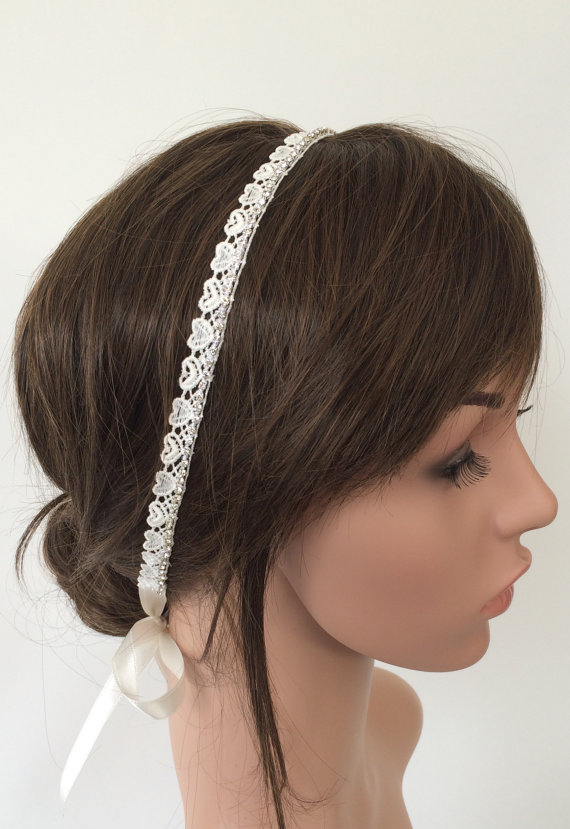 زفاف - Bridal Hearts Headband, Rhinestone and Lace Embroidered Wedding Hairband, Bridal Headpiece, Beadwork, Fast Delivery