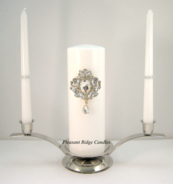 Wedding - Brooch Unity Candle Antique Gold Brooch Unity Candle Wedding Candle White Unity Candle Ivory Unity Candle Rhinestone Unity Candle
