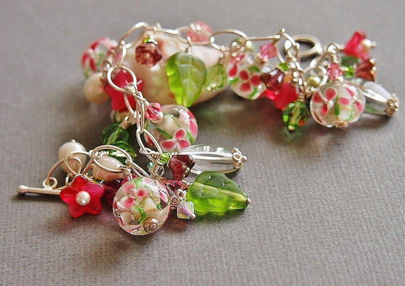 Wedding - Floral Charm Bracelet, Lampwork Glass Bead Bracelet, Pearl Bracelet, Pink Green, Sterling Silver - BOUQUET