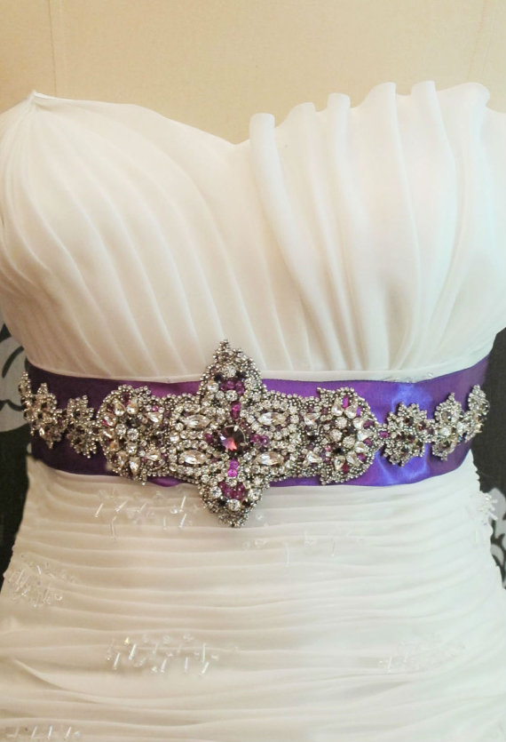 Hochzeit - PURPLE Bridal Rhinestone Sash Wedding Crystal Belt Beaded