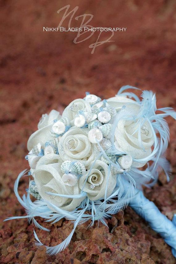 Wedding - Bridal Bouquet And Matching Boutonniere CALYPSO - Seashells, Handmade Sinamay Flowers And Swarovski Crystal