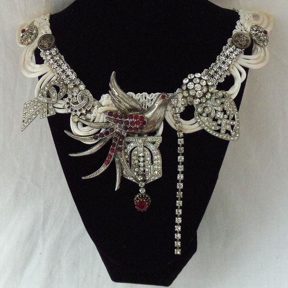 Hochzeit - Bird Of Paradise Necklace, Rhinestone Custom Made Jewelery, Vintage Couture Bridal Choker, Collier Nuptiale