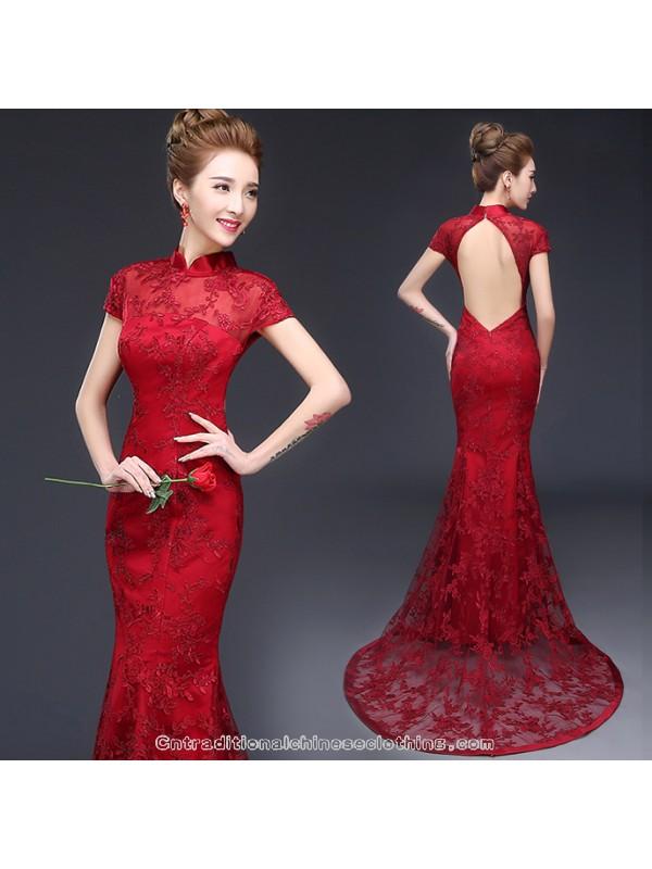 Wedding - Burgundy red open back trailing prom dress mandarin collar Chinese bridal wedding cheongsam
