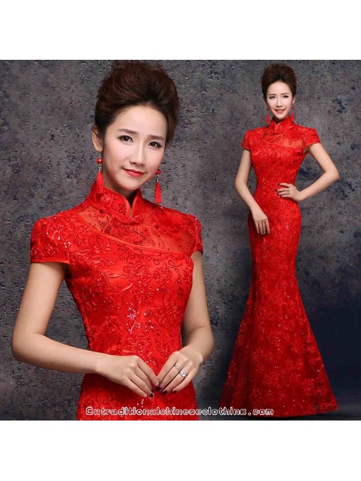 زفاف - Cap sleeve 3D lace cheongsam floor length mermaid Chinese red wedding dress