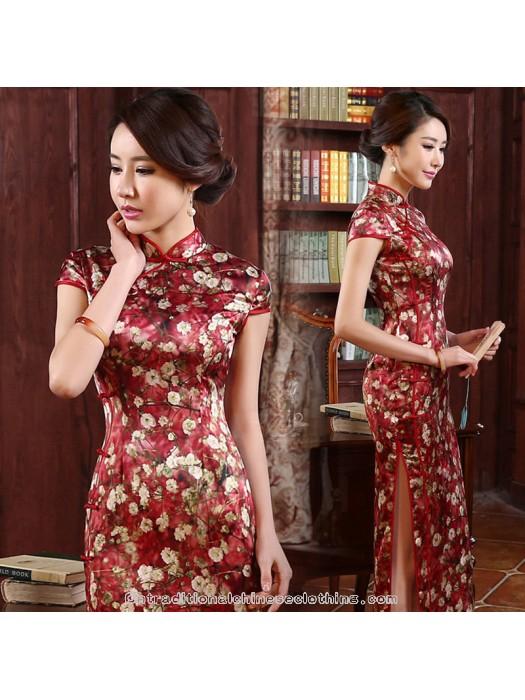 Wedding - Cap sleeve brick red long floral silk wedding cheongsam