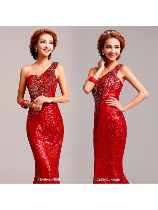Hochzeit - Burgundy red sequin embroidered 3D floral Chinese bridal wedding dress one shoulder mermaid trailing evening gown