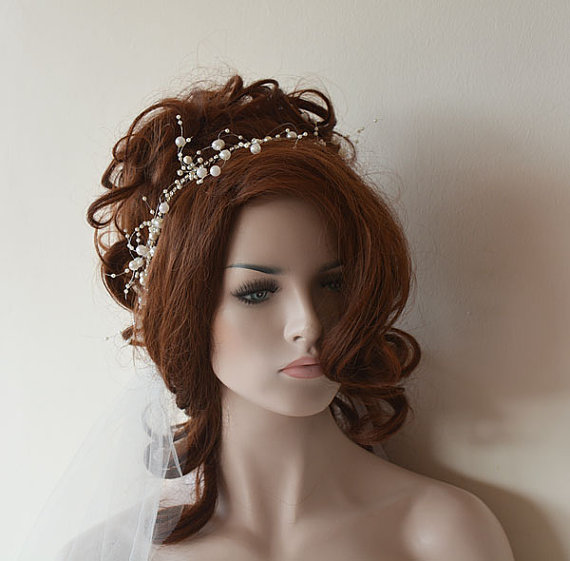 Wedding - Wedding Pearl headband, Pearl tie headband, for weddings with ivory flowers, bridal hair accessory, Bridesmaid , Flower Girl Headband