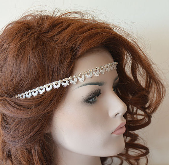 Wedding - Rustic Lace Wedding Headband, Rhinestone and Lace Headband, Bridal Hair Accessory, Rustic Wedding Hair Accessory
