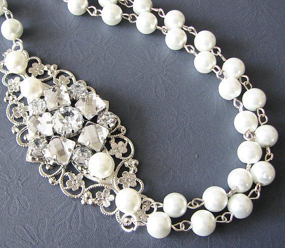 Mariage - Bridal Jewelry Wedding Statement Necklace Wedding Jewelry Pearl Bridal Necklace Double Strand Bridesmaid Gift For Her