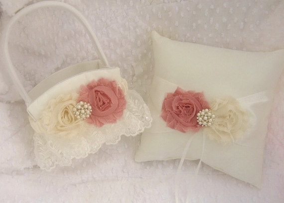 Hochzeit - Victorian Wedding Ring Pillow .. Flower Girl Basket Set .. Shabby Chic Vintage Ivory and Rose Custom Colors too