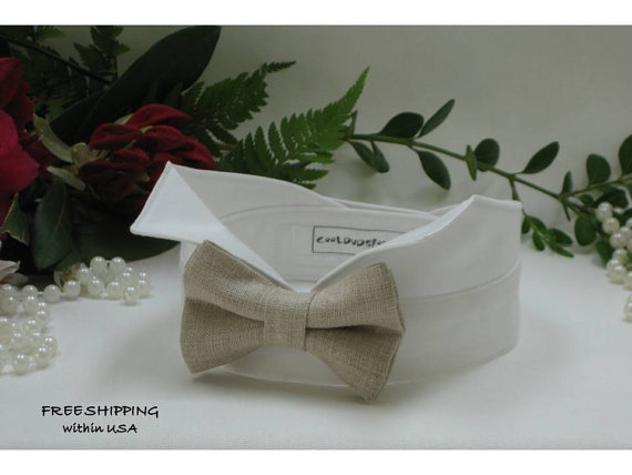 Hochzeit - Tan Linen Wedding Dog Bow Tie on Wingtip Tuxedo Collar~  Custom Made~Rustic Wedding~Dog Ring Bearer~Dog Wedding Tuxedo~FREE Shipping in US