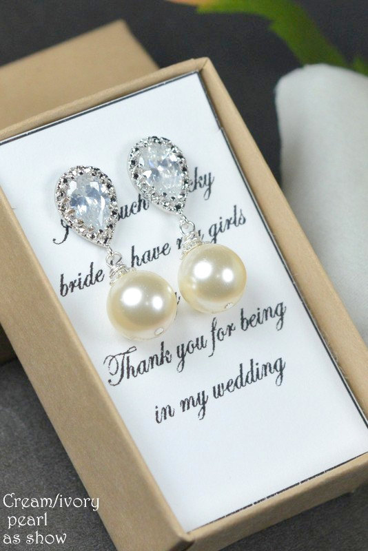 زفاف - Wedding Jewelry Bridesmaid Gift Bridesmaid Jewelry Bridal Jewelry Pink/white /ivory cream Pearl Drop Earrings Cubic Zirconia Earrings
