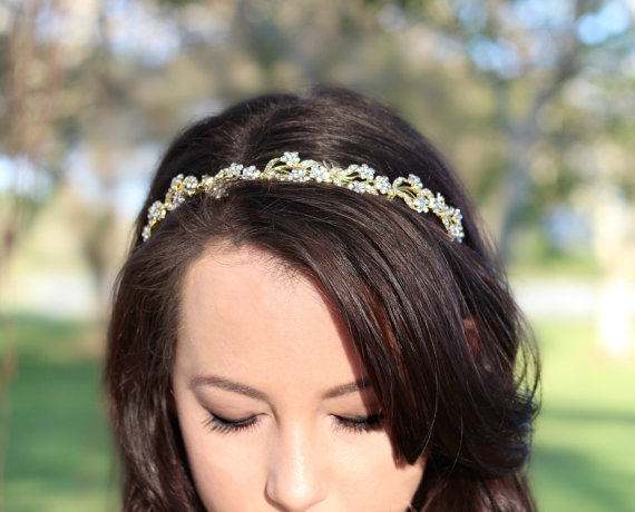 Hochzeit - Swarovski Crystal Gold Bridal Tiara, Crystal Headband, Gold Crystal Headband Tiara, Diamante Tiara, Rhinestone Wedding Crown