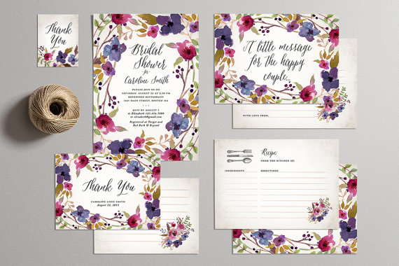 Свадьба - Printable Bridal Shower Invitation Party Pack - Bridal Shower Party Package (purple & berry floral) - 6-piece