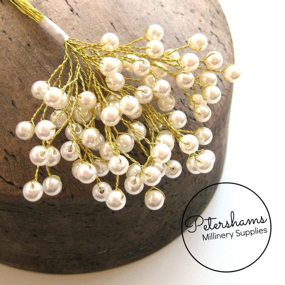 زفاف - 12 Stems 6mm Ivory on Gold Wired Pearls  (For Millinery, Wedding Bouquets)