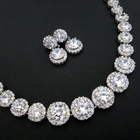 زفاف - Bridal necklace and earrings, Crystal necklace, Crystal earrings, Wedding jewelry, Cubic zirconia necklace set