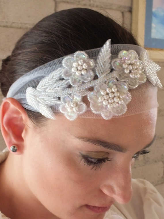 Hochzeit - Beaded Bridal Head Piece Wedding Veil Alternative Fascinator