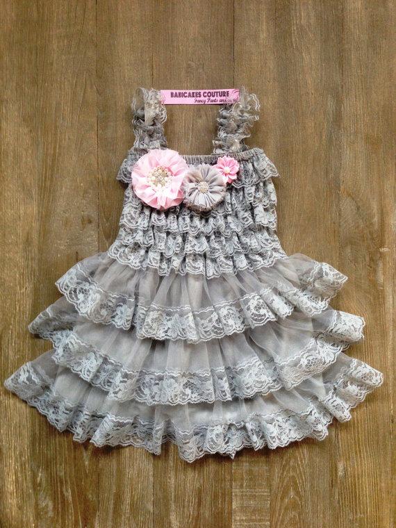 Hochzeit - Gray Lace Ruffle Dress & Headband 1st Birthday Dress 2nd Birthday Dress Flower Girl Dress Gray lace Dress Rustic Lace Dress Wedding Dress