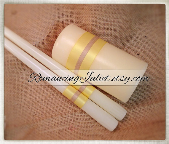 Wedding - Custom Colors Unity Candle 3 Piece Set....You Choose The Ribbon Colors...Free Rush..shown in ivory/butter yellow/champagne