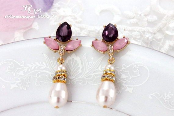 Hochzeit - Small GOLD bridal earrings amethyst pink opal wedding earrings swarovski pearl drop earrings bridal jewelry wedding accessories 1325AP