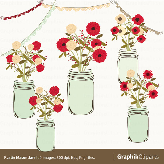 Mariage - Rustic Mason Jars I. Rustic Balls. Floral Clipart. Floral Balls. Wedding Invitation. 9 images, 300 dpi. Eps, Png files. Instant Download.