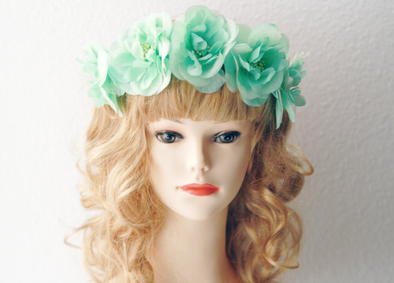 Hochzeit - Mint Flowers Tiara Crown Headband - Woodland Wedding Bridal Floral Headpiece Hairpiece