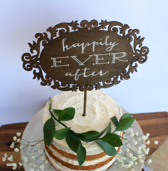 Wedding - wooden 'happily ever after' wedding cake topper.