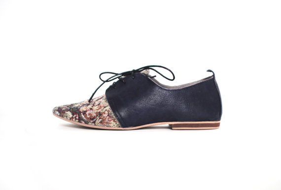 Wedding - handmade floral leather oxford style ballet flats 