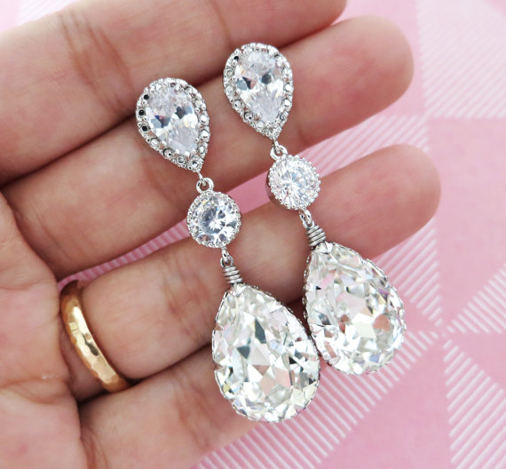 Hochzeit - Paulette - Silver Swarovski Teardrop Crystal Earrings, Bridesmaid, Bridal Wedding Jewelry, Swarovski Crystal Drops, Cubic Zirconia Earrings