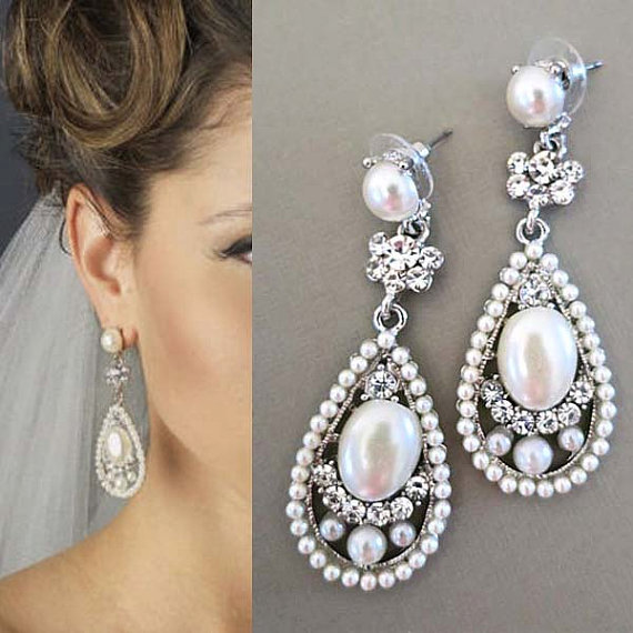 Mariage - Bridal Drop Earrings, Bridal Earrings with Pearl, Wedding Crystal Earrings, Pearl Earrings, Bridal Jewelry, Large Ivory Pearl Rhinestone