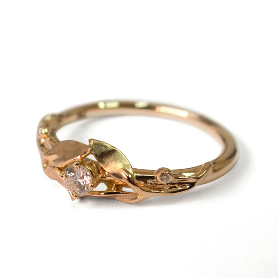 زفاف - Leaves Engagement Ring - 18K Rose Gold and Diamond engagement ring, engagement ring, leaf ring, filigree, antique,art nouveau,vintage