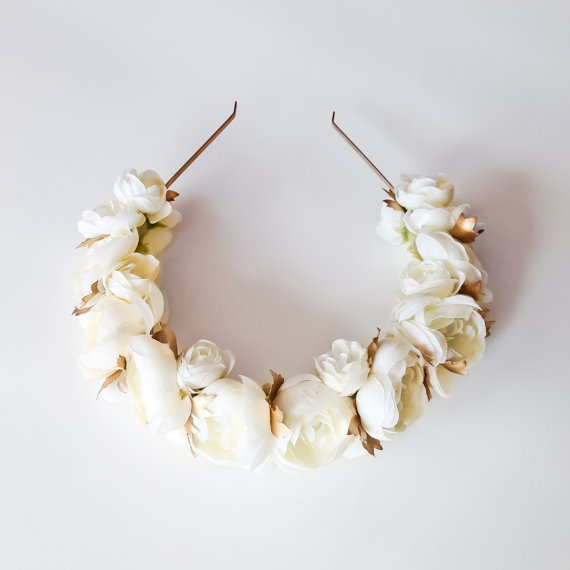 Wedding - Ivory and gold ranunculus floral crown  - gold flower crown - floral headband - ivory floral headpiece - gold floral headpiece - boho floral